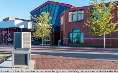 Wishbone Urban Form Backless Benches and Waste Receptacles at the Family Leisure Center in Medicine Hat Alberta.
